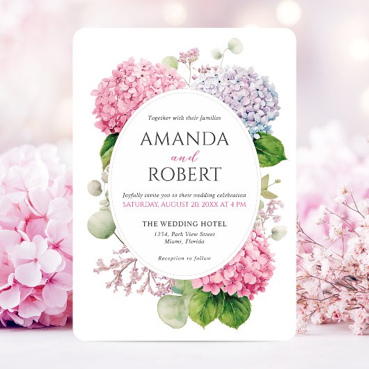 Invitation Pink Hydrangea Flowers Watercolor Oval Wedding