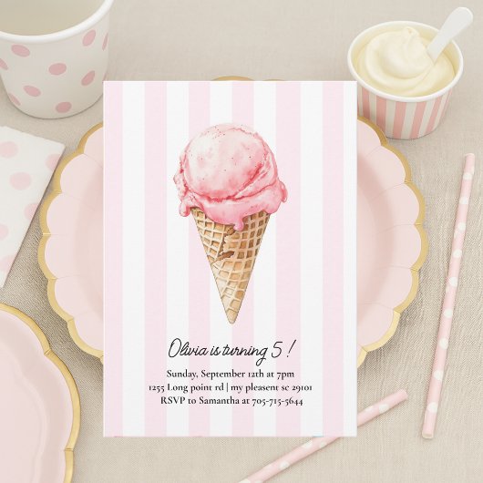 Invitation Pink Ice Cream Cone Birthday | Editable Summer