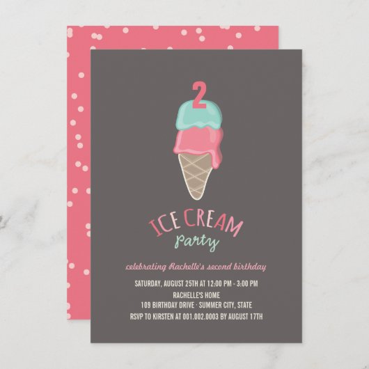 Invitation Pink Ice Cream Cone Girl 2e anniversaire Invitatio (Devant / Derrière)