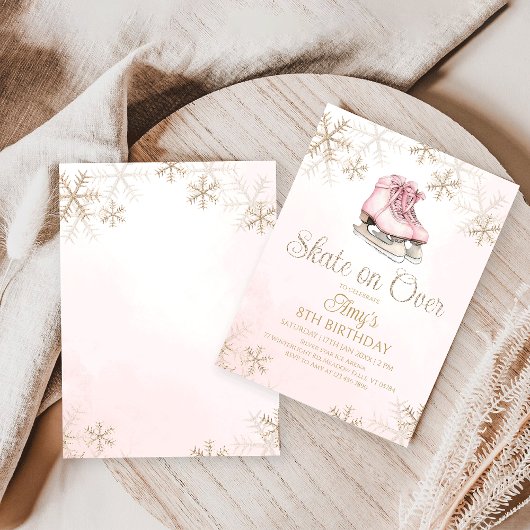 Invitation Pink Ice Skating Gold Glitter Snowflake Birthday