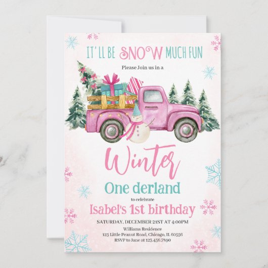 Invitation Pink It'll be Snow Much Fun Birthday (Devant)