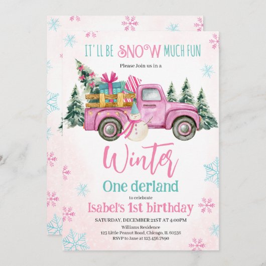 Invitation Pink It'll be Snow Much Fun Birthday (Devant / Derrière)