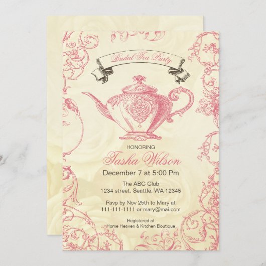 Invitation Pink Ivory Rose vintage Tea Party (Devant / Derrière)