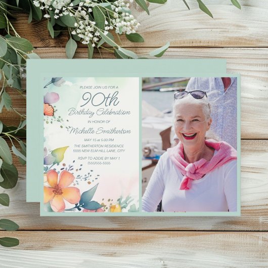 Invitation Pink Jaune Turquoise Pastel Floral 90e Anniversair