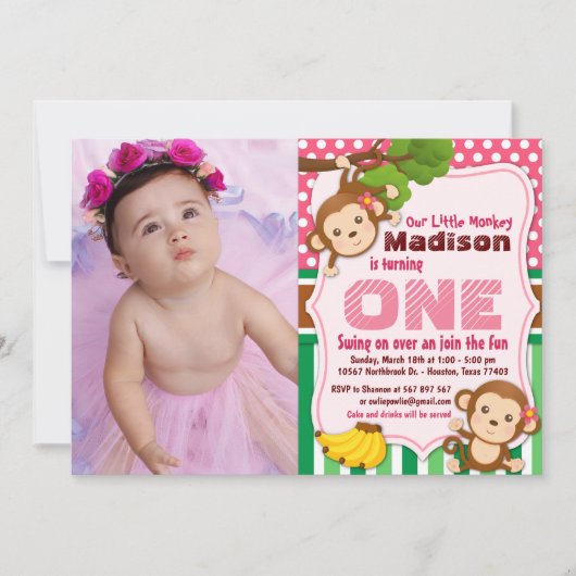 Invitation Pink Jungle Monkey Safari fille Anniversaire Photo (Devant)