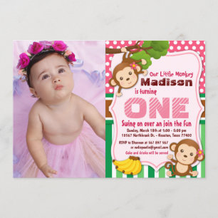 Invitation Pink Jungle Monkey Safari fille Anniversaire Photo