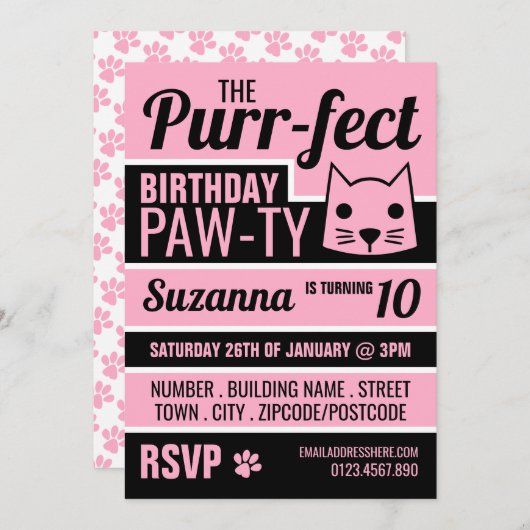 Invitation Pink Kitten fête d'anniversaire (Devant / Derrière)