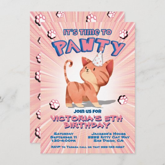 Invitation Pink Kitty Chat Anniversaire Pawty Party (Devant / Derrière)