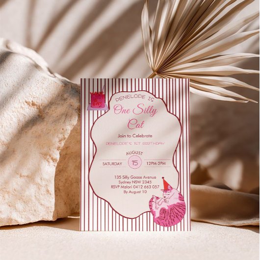 Invitation Pink Kitty Party One Silly Cat 1st Birthday