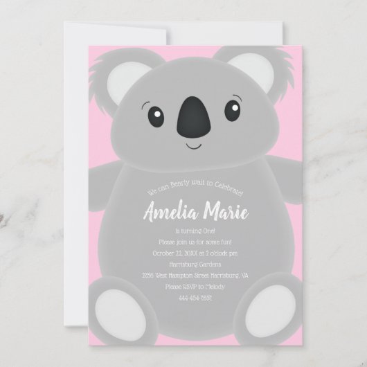 Invitation Pink Koala Bear Anniversaire (Devant)
