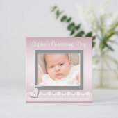 Invitation Pink Lace Baby Girl Photo Christening (Debout devant)
