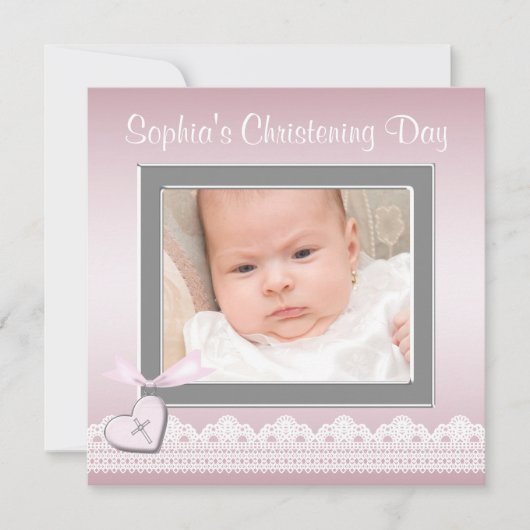 Invitation Pink Lace Baby Girl Photo Christening (Devant)