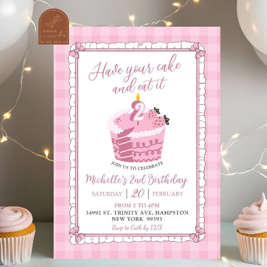 Invitation Pink Lace Bow Mange Ton Gâteau Et Le Mange Anniver