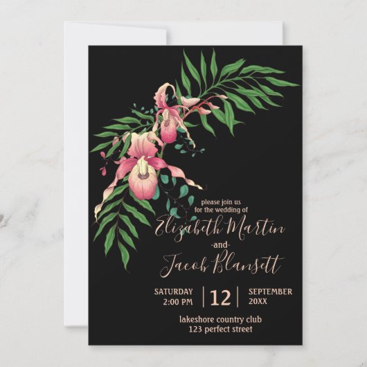 Invitation Pink Lady Slipper Orchid Mariage noir (Devant)