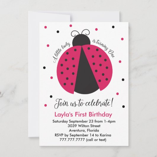 Invitation Pink Ladybug Baby Girl's First Birthday (Devant)