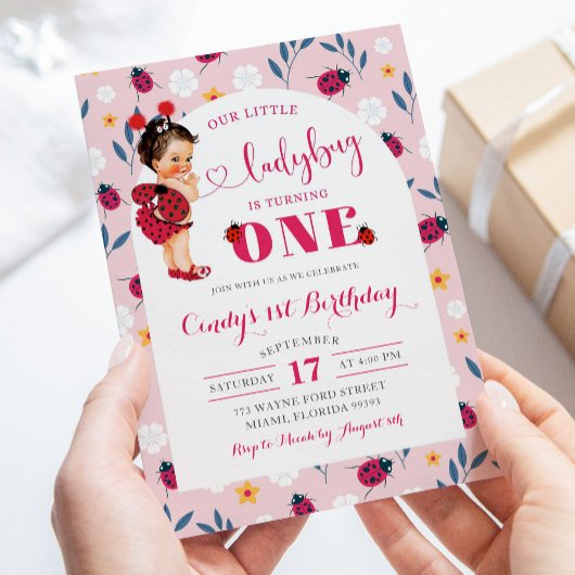 Invitation Pink Ladybug Brown fille de cheveux Premier annive