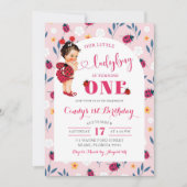 Invitation Pink Ladybug Brown fille de cheveux Premier annive (Devant)