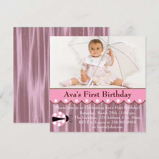 Invitation Pink Ladybug fête d'anniversaire (Devant / Derrière)