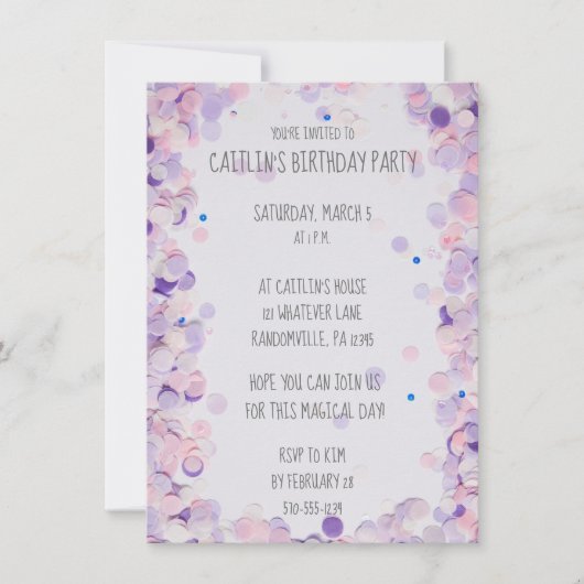 Invitation Pink & Lavender Confetti Filles Anniversaire (Devant)