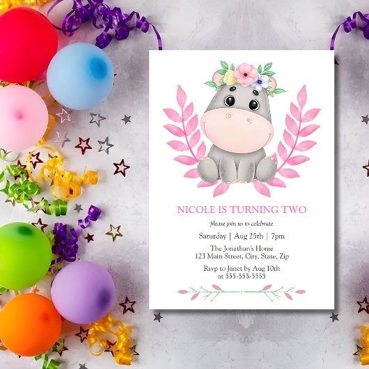 Invitation Pink Leaf Cute Hippopotamus Floral 2e anniversaire