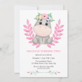 Invitation Pink Leaf Cute Hippopotamus Floral 2e anniversaire (Devant)