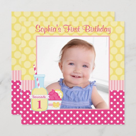 Invitation Pink Lemonade Polka Dot 1er Anniversaire Photo (Devant / Derrière)