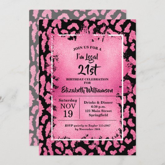 Invitation Pink Leopard 21st Birthday Party (Devant / Derrière)