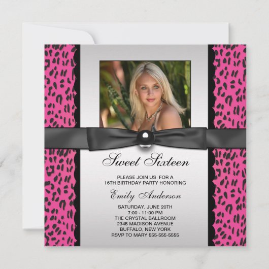 Invitation Pink Leopard Photo Sweet 16 Anniversaire (Devant)