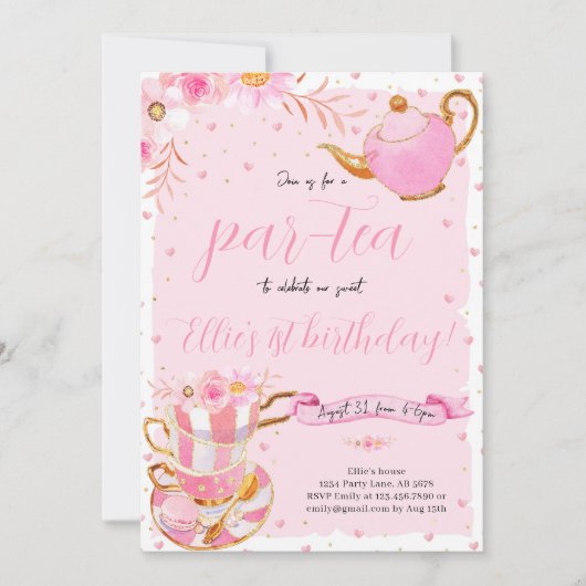 Invitation Pink Let's Par-tea Tea Anniversaire (Devant)