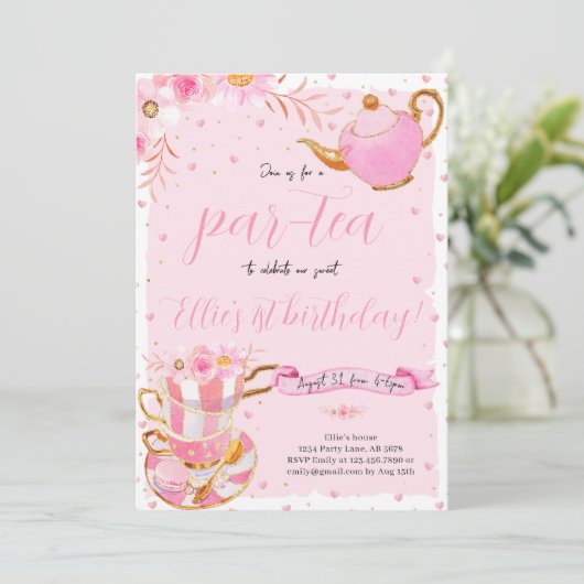 Invitation Pink Let's Par-tea Tea Anniversaire (Debout devant)