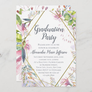 Invitation Pink Lily Flower Géométrique Gold Girls Graduation
