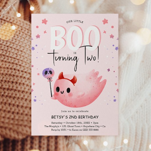 Invitation Pink Little Boo Two Girl Halloween 2e anniversaire