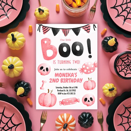 Invitation Pink Little Boo Two Girl Halloween 2e anniversaire