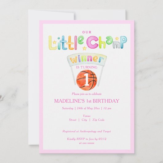 Invitation Pink Little Champ Basketball N'Importe Quel Âge Fi (Devant)