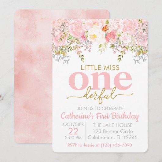 Invitation Pink Little Miss ONE derful Girl Premier anniversa (Devant / Derrière)