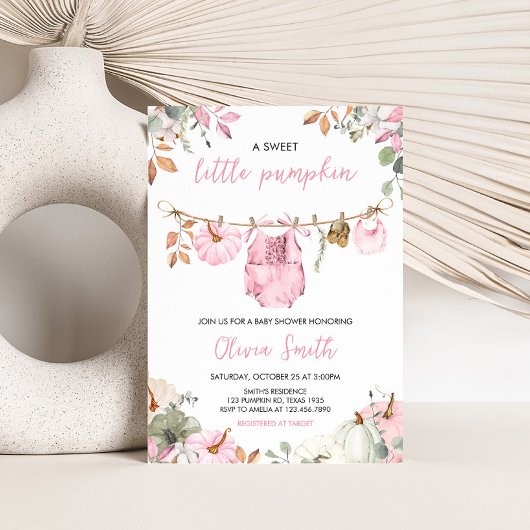 Invitation Pink Little Pumpkin Fall Autumn Baby Shower 