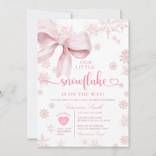 Invitation Pink Little Snowflake Baby Shower Winter Party (Devant)
