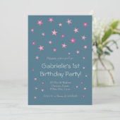 Invitation Pink Little Stars Dark Blue Baby Anniversaire de e (Debout devant)
