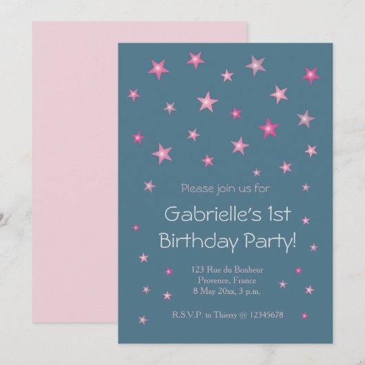 Invitation Pink Little Stars Dark Blue Baby Anniversaire de e (Devant / Derrière)