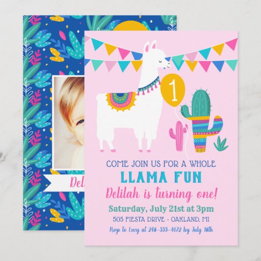 Invitation Pink Llama Amusant Premier anniversaire Fille de f (Devant / Derrière)