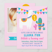 Invitation Pink Llama Fun Premier Anniversaire Fille Photo (Devant / Derrière)
