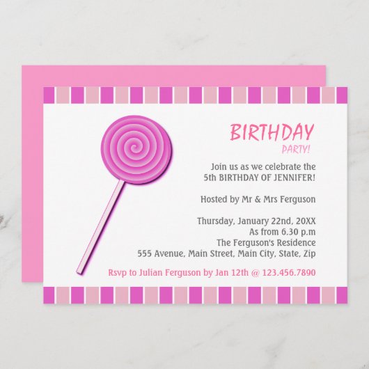 Invitation Pink Lollypop (Devant / Derrière)