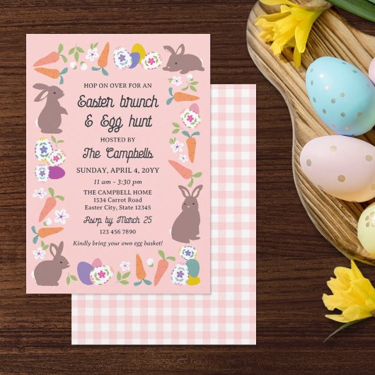 Invitation Pink Lovely Bunnies Carrots Easter Brunch Egg Hunt