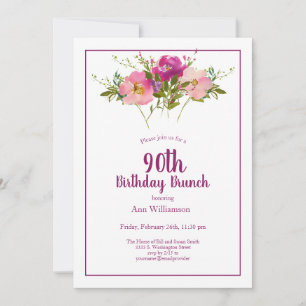 Invitation Pink Magenta Floral 90e Anniversaire Brunch
