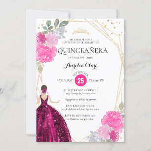 Invitation Pink Magenta Floral Photo géométrique Quinceañera