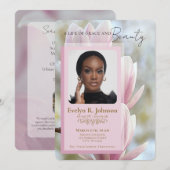 Invitation Pink Magnolia‑style photo funeral program (Devant / Derrière)