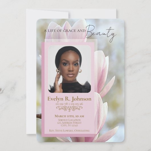 Invitation Pink Magnolia‑style photo funeral program (Devant)