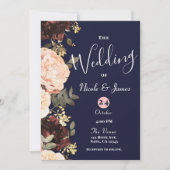 Invitation Pink & Maroon Floral Greenery Mariage bleu marine (Devant)
