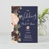 Invitation Pink & Maroon Floral Greenery Mariage bleu marine (Debout devant)