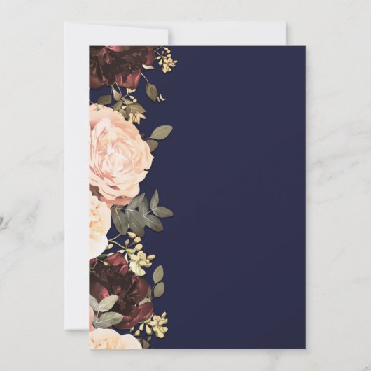 Invitation Pink & Maroon Floral Greenery Mariage bleu marine (Dos)